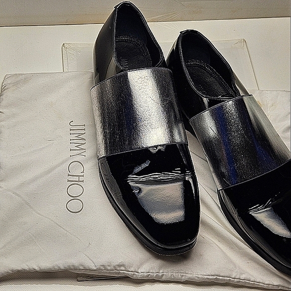 JIMMY CHOO sz 40 Men's Black Silver Stripe Classic Leather Shiny Dress Shoes - Picture 2 of 12